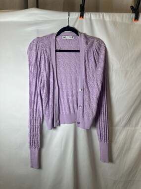 Zara Lilac Pointelle Knit Puff Sleeve Cardigan Size S